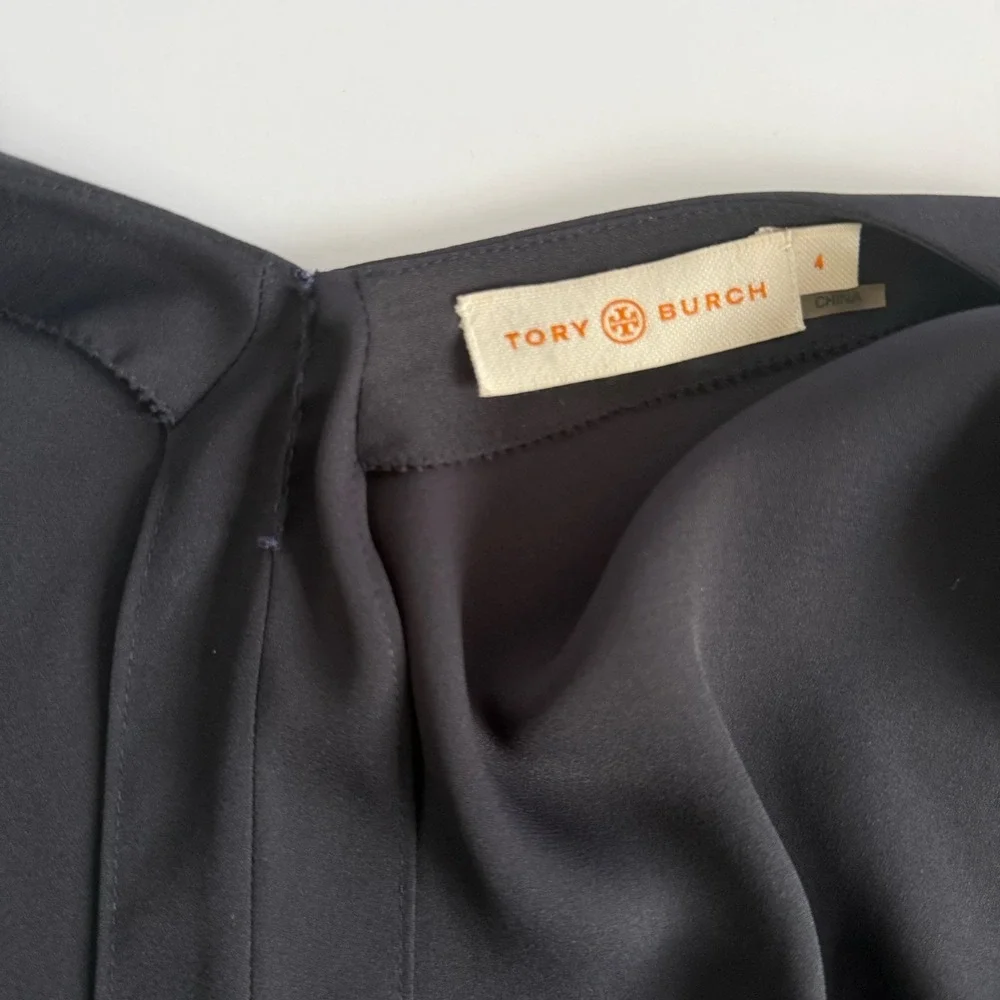 Tory Burch Deep V Neck Asymmetric Midi Wrap Dress 4 Navy Wedding Cocktail Career